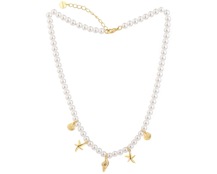 Naszyjnik z mosiądzu pozłacany z cyrkoniami i perłami - muszle, rozgwiazda
