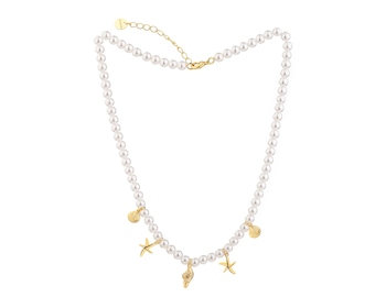 Naszyjnik z mosiądzu pozłacany z cyrkoniami i perłami - muszle, rozgwiazda