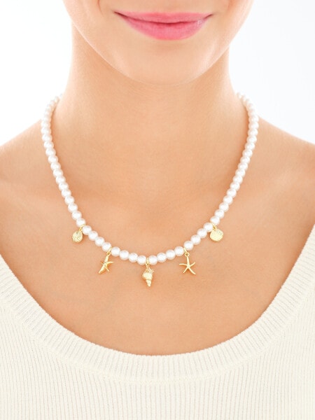 Naszyjnik z mosiądzu pozłacany z cyrkoniami i perłami - muszle, rozgwiazda