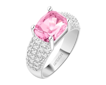 Pierścionek z mosiądzu rodowany z cyrkoniami i szklanym detalem