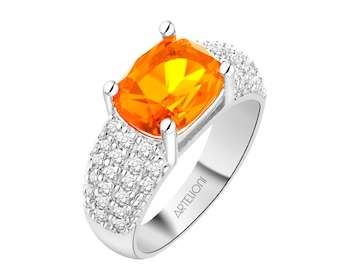 Pierścionek z mosiądzu rodowany z cyrkoniami i szklanym detalem