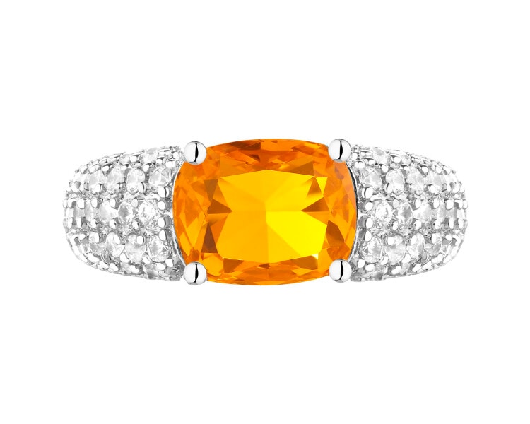 Pierścionek z mosiądzu rodowany z cyrkoniami i szklanym detalem