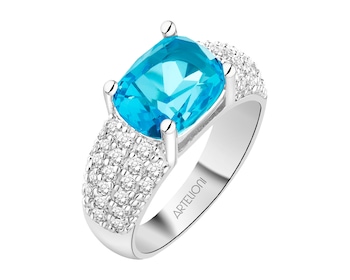 Pierścionek z mosiądzu rodowany z cyrkoniami i szklanym detalem