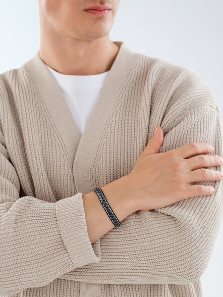 Bransoletka ze stali szlachetnej i skóry z hematytami