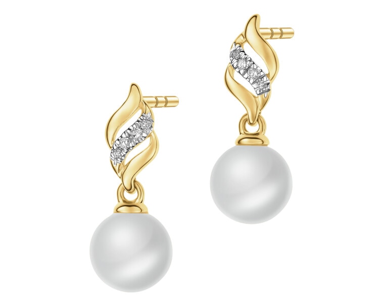 Kolczyki z żółtego złota z brylantami i perłami - próba 585