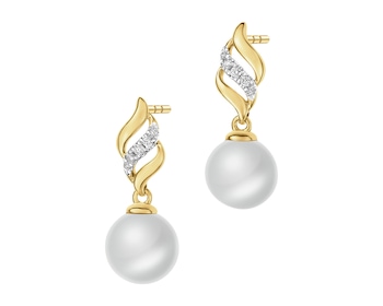 Kolczyki z żółtego złota z brylantami i perłami - próba 585