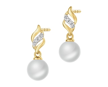 Kolczyki z żółtego złota z diamentami i perłami - próba 585