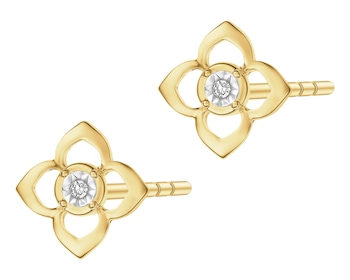 Kolczyki z żółtego złota z diamentami - kwiaty - 0,006 ct - próba 585