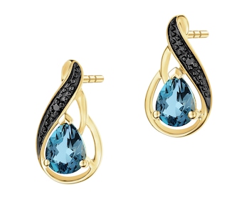 Kolczyki z żółtego złota z czarnymi brylantami i topazami London Blue - próba 375