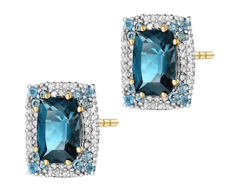 Kolczyki z żółtego złota z brylantami i topazami London Blue - próba 585