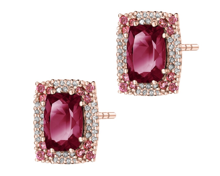 Kolczyki z żółtego złota z brylantami i rodolitami - próba 585