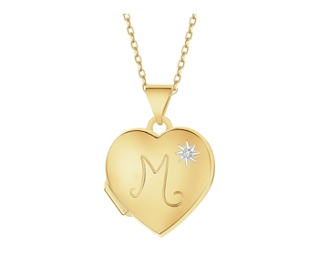 Zawieszka z żółtego złota z diamentem - puzderko - serce, litera M - 0,005 ct - próba 585
