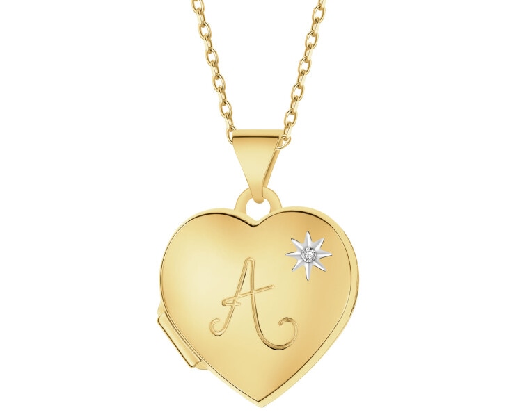 Zawieszka z żółtego złota z diamentem - puzderko - serce, litera A - 0,005 ct - próba 585