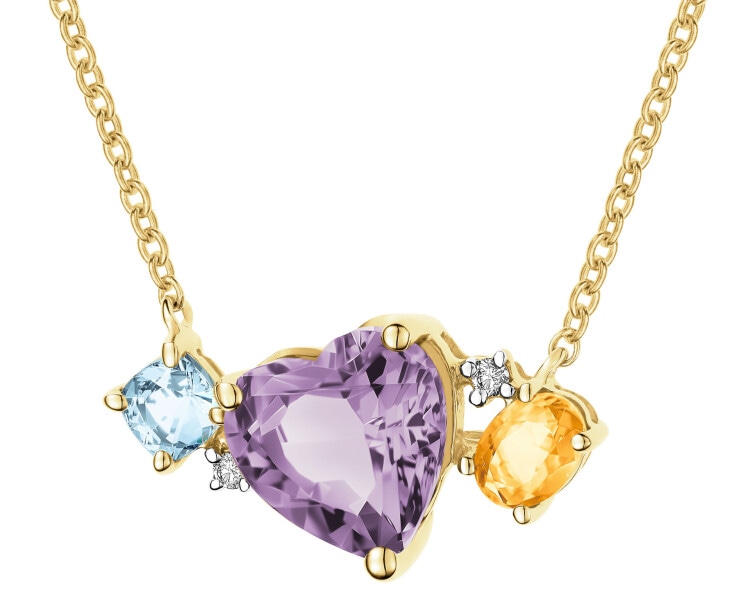 Naszyjnik z żółtego złota z brylantami i kamieniami ozdobnymi - serce - próba 585