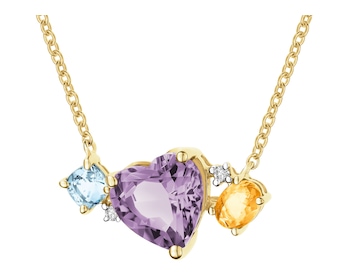 Naszyjnik z żółtego złota z brylantami i kamieniami ozdobnymi - serce - próba 585