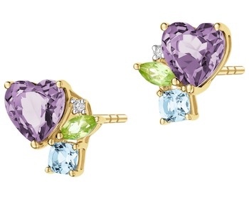 Kolczyki z żółtego złota z brylantami i kamieniami ozdobnymi - serce - próba 585