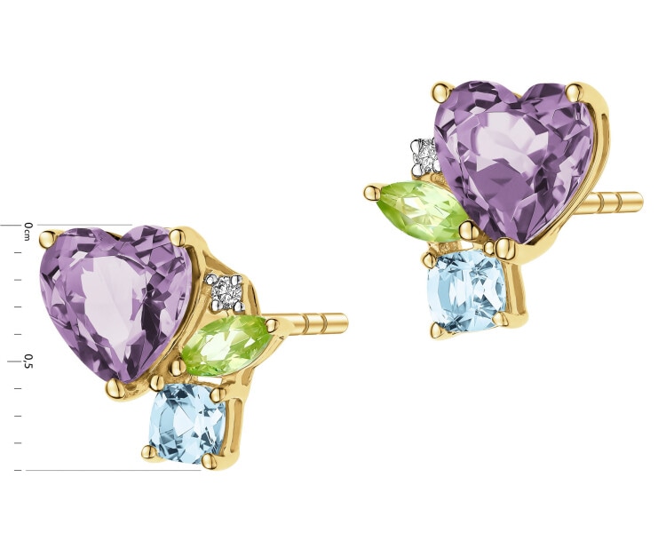 Kolczyki z żółtego złota z brylantami i kamieniami ozdobnymi - serce - próba 585