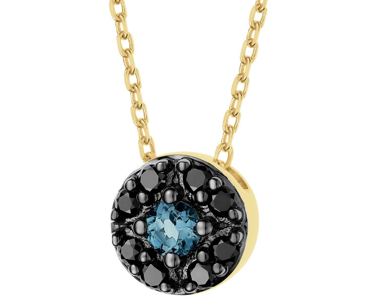 Naszyjnik z żółtego złota z czarnymi brylantami i topazem London Blue - próba 585