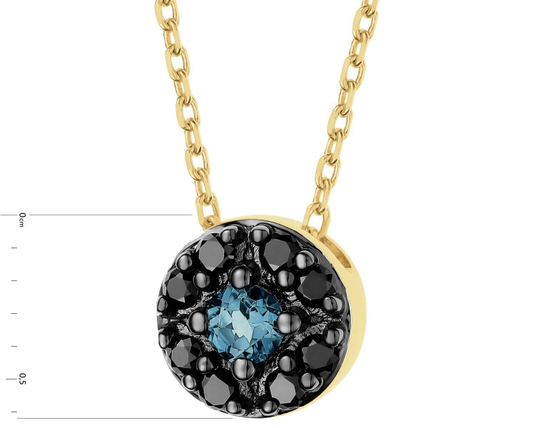 Naszyjnik z żółtego złota z czarnymi brylantami i topazem London Blue - próba 585