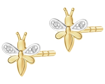 Kolczyki z żółtego złota z diamentami - pszczółki - 0,01 ct - próba 375
