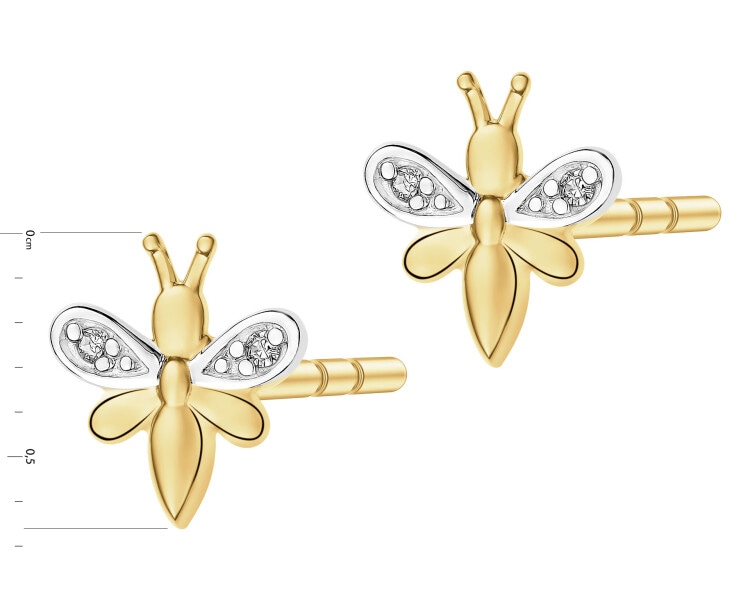 Kolczyki z żółtego złota z diamentami - pszczółki - 0,01 ct - próba 375