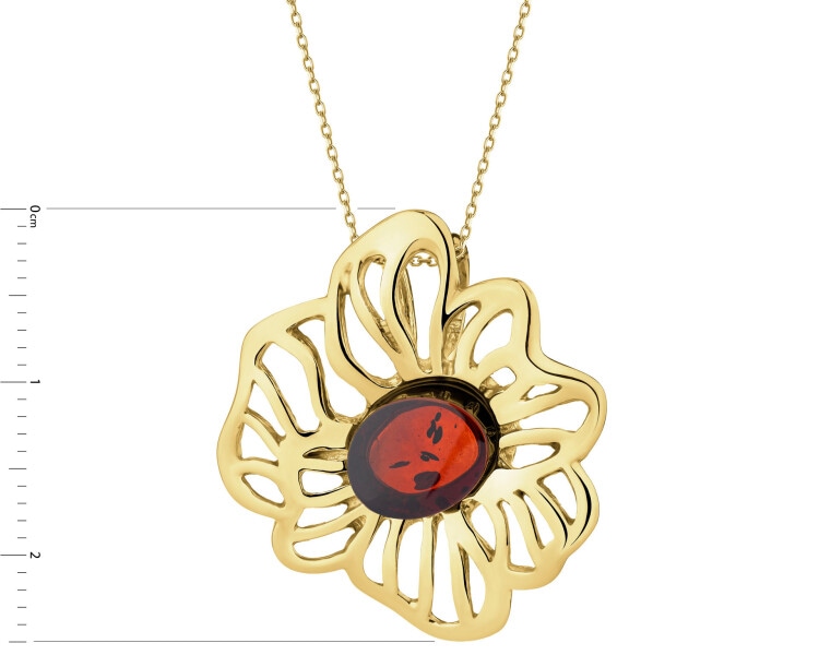 Pozlacený stříbrný přívěsek s jantarem - květ
