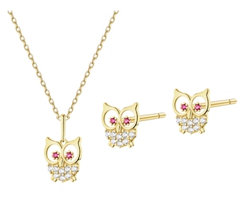 Złote kolczyki i zawieszka z cyrkoniami - komplet - sowy