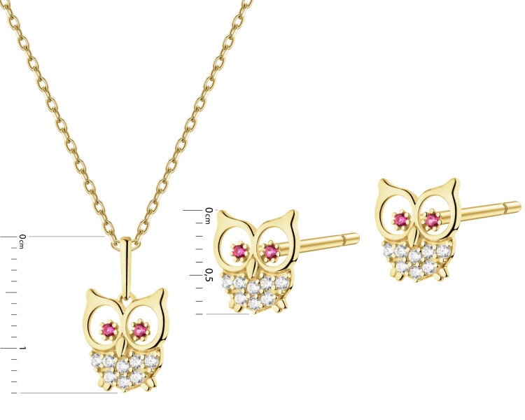 Złote kolczyki i zawieszka z cyrkoniami - komplet - sowy
