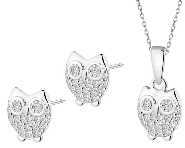Srebrne kolczyki i zawieszka z cyrkoniami - sowy