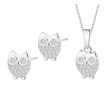Srebrne kolczyki i zawieszka z cyrkoniami - sowy
