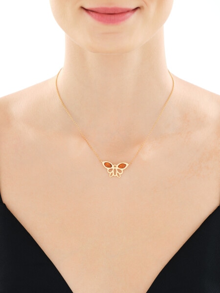 Pozlacený stříbrný náhrdelník s jantarem - motýl