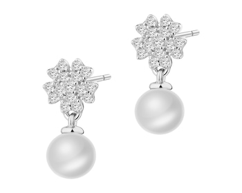 Kolczyki srebrne z perłami i cyrkoniami - koniczyny