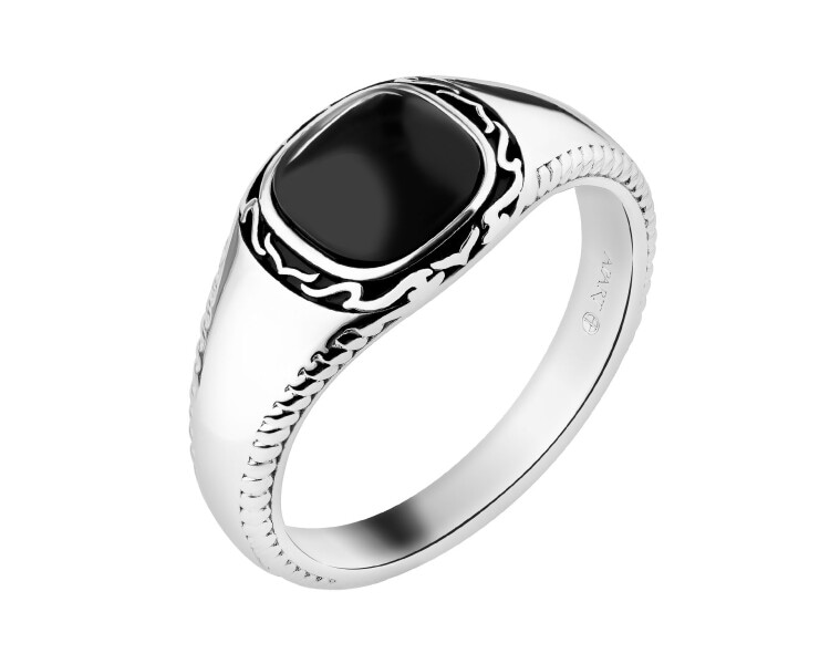 Sygnet srebrny z agatem i emalią