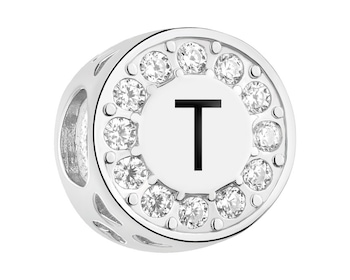 Zawieszka srebrna beads dla dziecka z emalią - serce, litera T