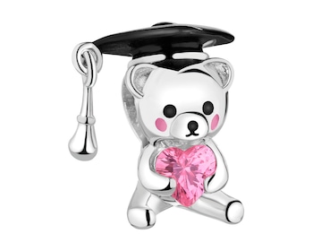 Zawieszka srebrna beads z cyrkoniami i emalią - miś, serce