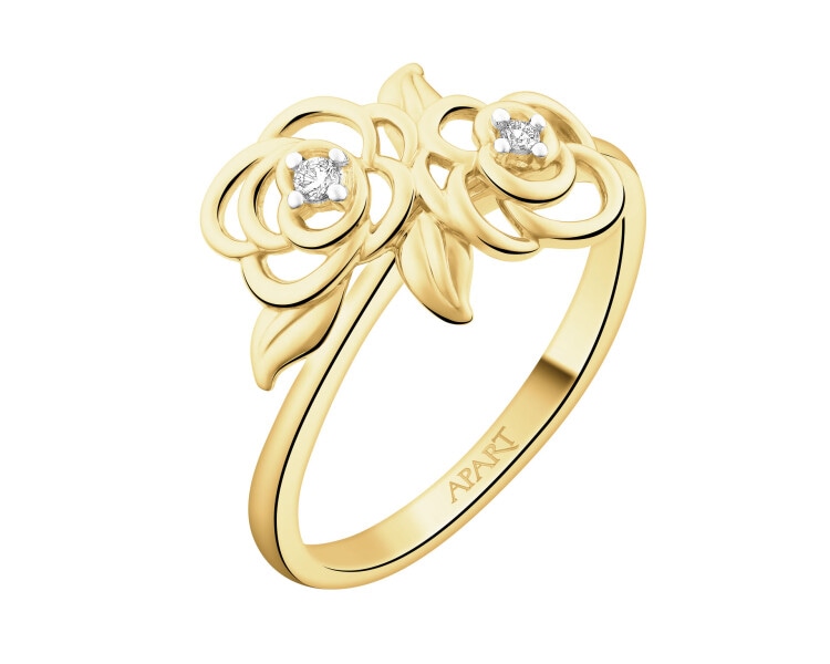 Pierścionek z żółtego złota z brylantami - kwiaty - 0,02 ct - próba 375