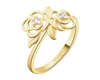 Pierścionek z żółtego złota z brylantami - kwiaty - 0,02 ct - próba 375