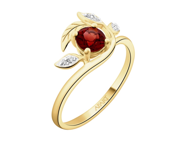 Pierścionek z żółtego złota z diamentami i granatem - liście - próba 375