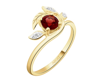 Pierścionek z żółtego złota z diamentami i granatem - liście - próba 375