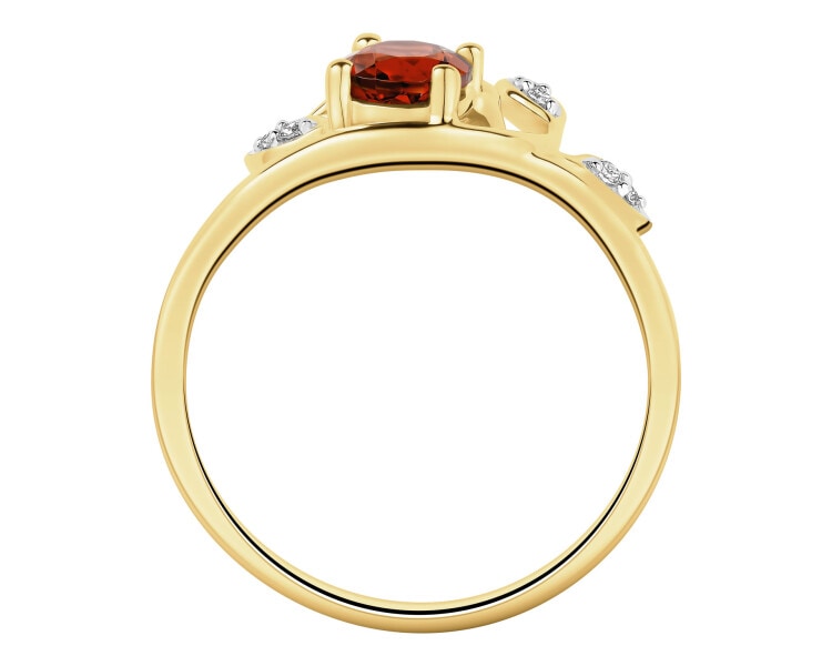 Pierścionek z żółtego złota z diamentami i granatem - liście - próba 375