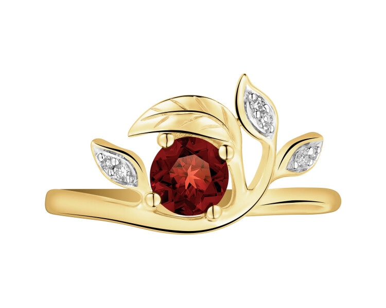 Pierścionek z żółtego złota z diamentami i granatem - liście - próba 375