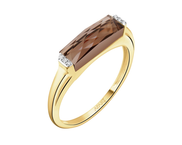 Pierścionek z żółtego złota z diamentami i kwarcem dymnym - próba 585