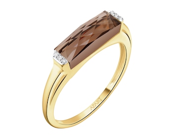 Pierścionek z żółtego złota z diamentami i kwarcem dymnym - próba 585