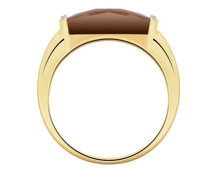 Pierścionek z żółtego złota z diamentami i kwarcem dymnym - próba 585