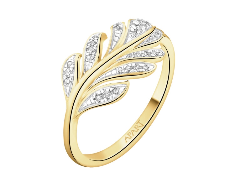 Pierścionek z żółtego złota z diamentami - liście - 0,08 ct - próba 585