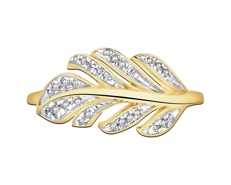 Pierścionek z żółtego złota z diamentami - liście - 0,08 ct - próba 585