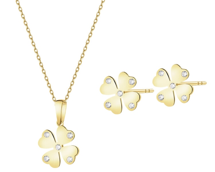 Złote kolczyki i zawieszka z cyrkoniami - komplet - kwiaty