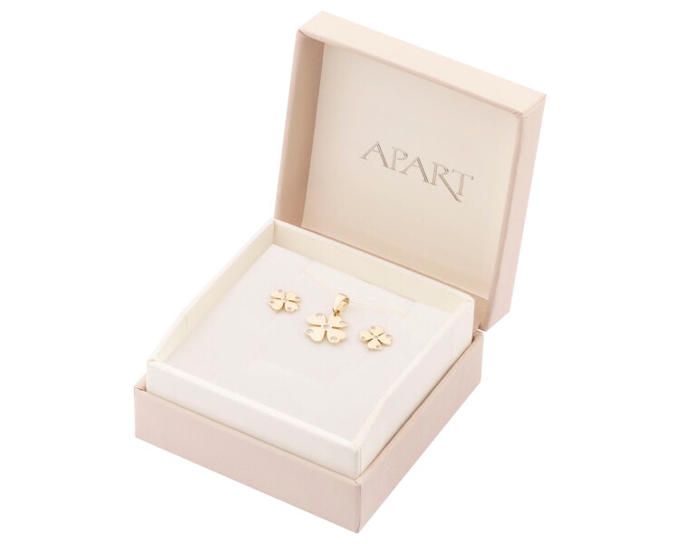 Złote kolczyki i zawieszka z cyrkoniami - komplet - koniczyny