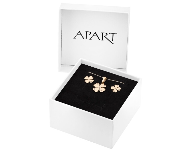 Złote kolczyki i zawieszka z cyrkoniami - komplet - koniczyny