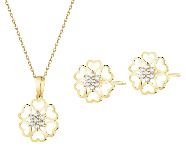 Złote kolczyki i zawieszka z cyrkoniami - komplet - kwiaty